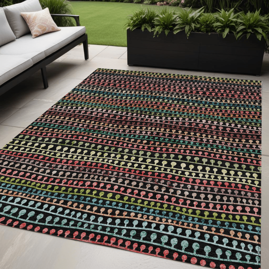 5' X 8' Black Green And Gold Striped Washable Indoor Outdoor Area Rug - LittleLoafRoastingCo