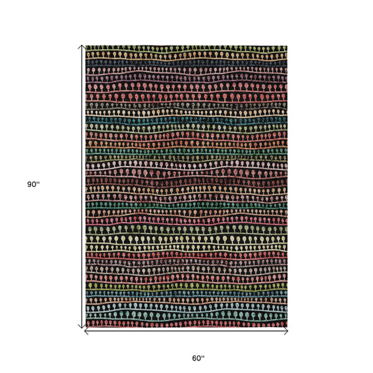 5' X 8' Black Green And Gold Striped Washable Indoor Outdoor Area Rug - LittleLoafRoastingCo